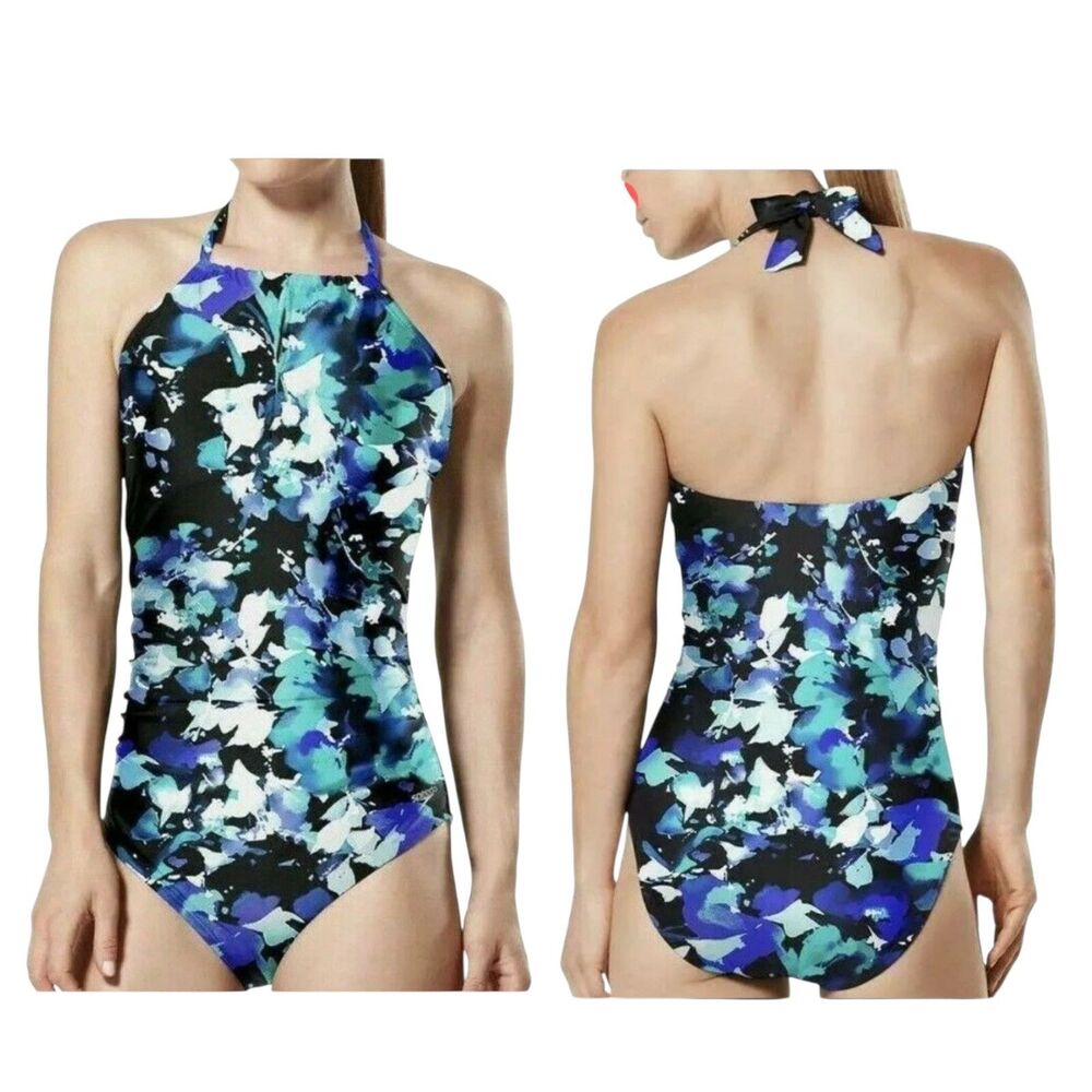 New Speedo Women's MEDIUM High Neck Keyhole One Piece Swimsuit Floral Blue